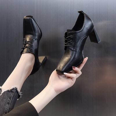 New Spring, Autumn And Winter Fashion Leather Square Head  Office Work Shoes Cross Tie Casual Women's High Heels