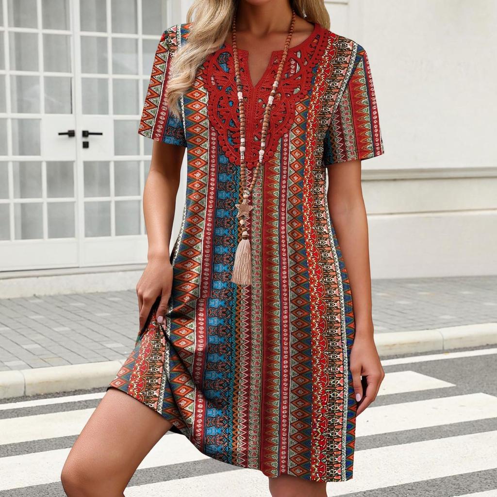 Damenkleid mit kurzen Ärmeln, lockerem Schnitt, knielang, mit geometrischem Print und besticktem Ausschnitt für den lässigen Alltagsgebrauch