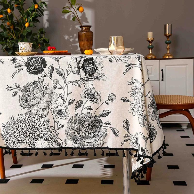 Black Floral Patterned Tablecloth Tassel Edge Anti Slip and Wear-resistant Tabletop Cover American Round Rectangular Tablecloth
