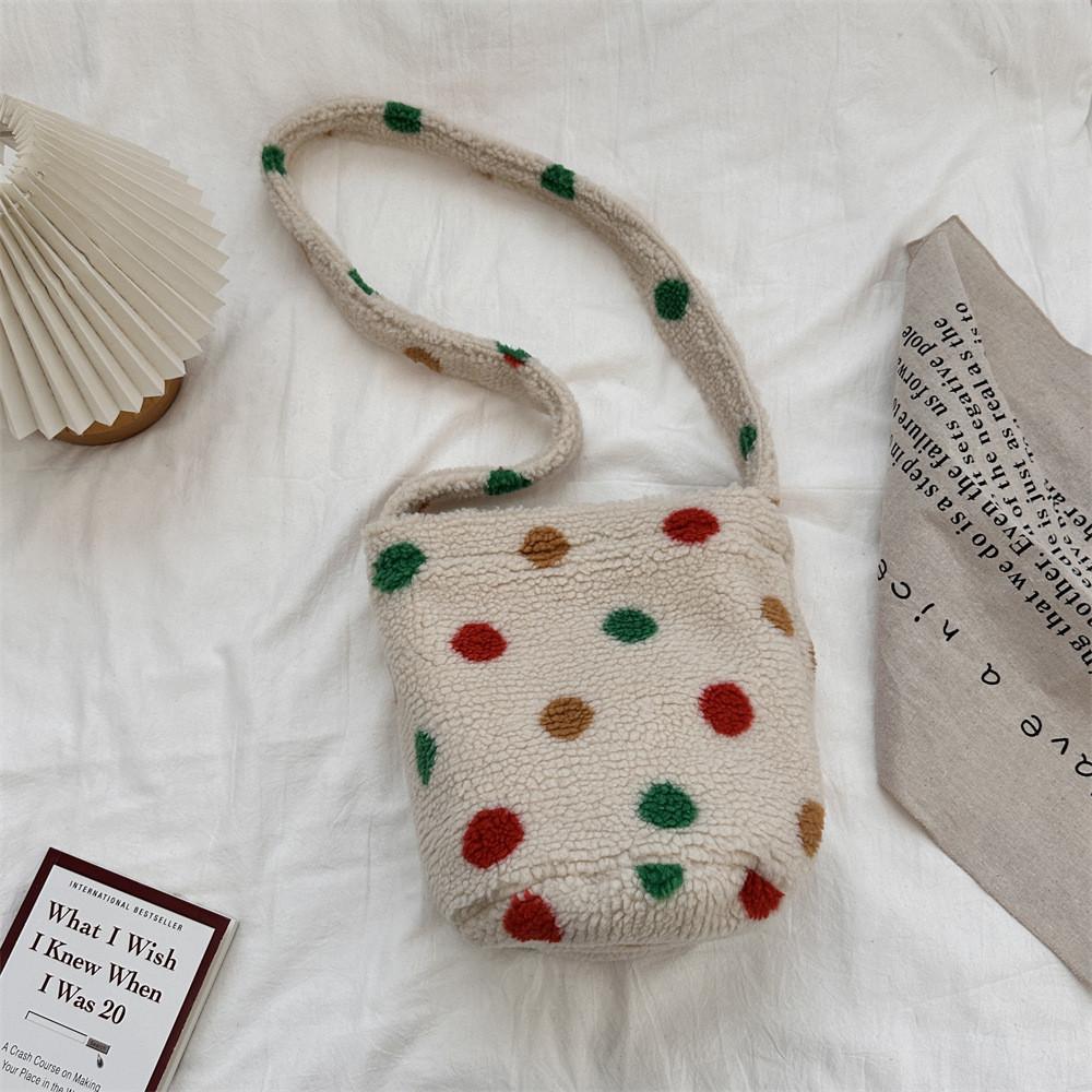 Colorful Polka Dot Plush Bucket Bag Soft And Spacious Shopping Tote For Daily Use