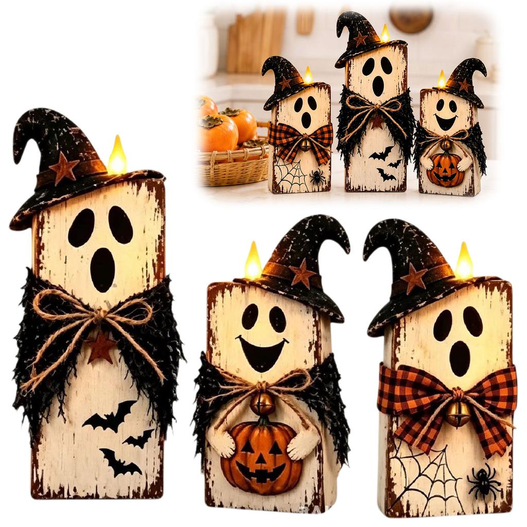 Rustic Farmhouse Wooden Scarecrow Ghost Pumpkin Fall Decor Set Tiered Tray Tabletop Ornament Halloween Thanksgiving