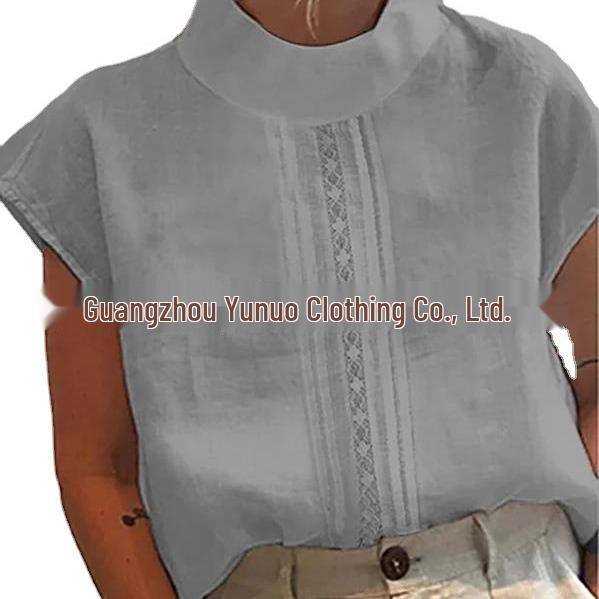 Nova Camisa de Manga Curta com Renda Vazada de Linho de Algodão Estilo Europeu e Americano, Coleção 2022