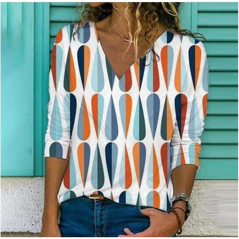 V-neck 3D Printed Top Fashionable Casual Long Sleeved Women's T-shirts