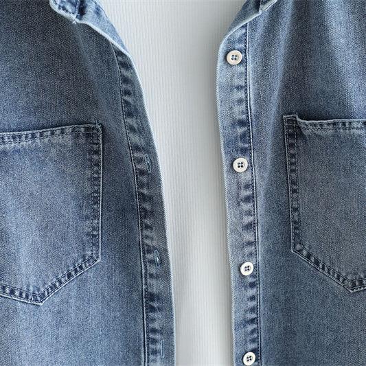 Women's Retro Casual Denim Shirt for Spring and Fall Slimming, Long-Sleeved, Layered As An Under-Top or Outerwear