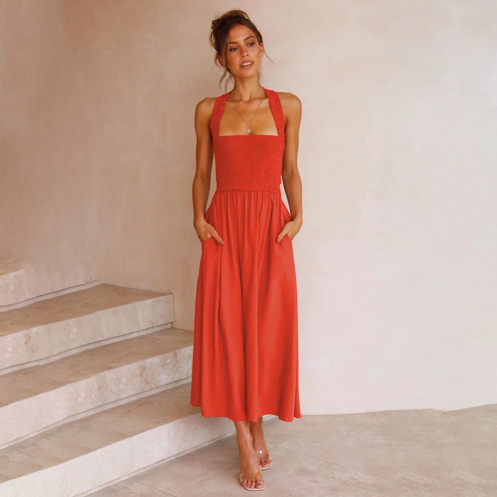 

Женское весеннее облегающее платье-майка без рукавов на подтяжках, летнее повседневное платье А-силуэта с цельным воротником и открытой спиной, с высокой талией, однотонные платья S-XL M