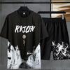 2 Piezas/Set Cuello Redondo Manga Corta Cintura Elástica Bolsillos Atuendo Casual Escena Estampado de Letras Camiseta Pantalones Anchos Traje Deportivo Streetwear