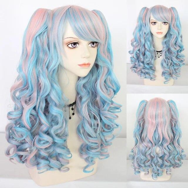 Parrucca Cosplay sintetica lunga colorata riccia per ragazze Lolita Cosplay con doppia coda di cavallo e 1 cuffia per parrucca