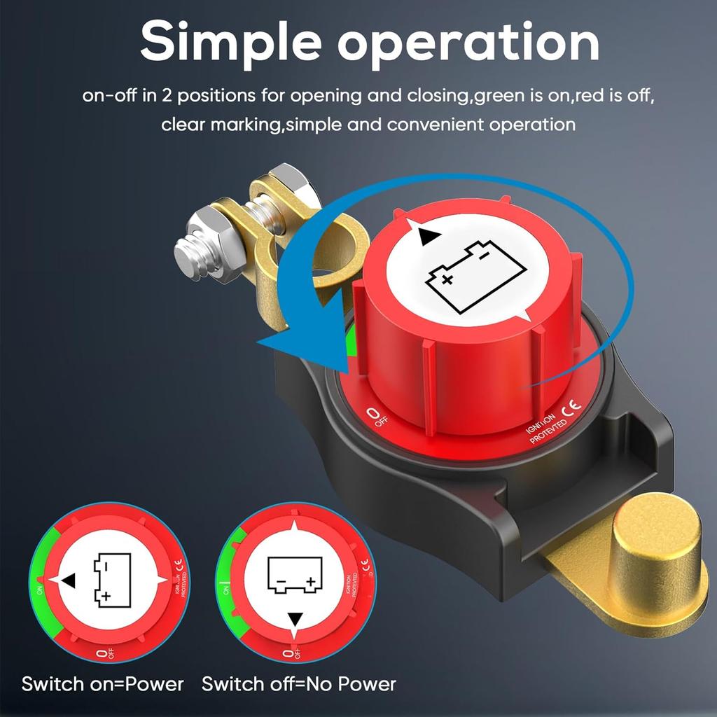 Top Post Battery Disconnect Switch 12V Battery Kill Switch Negative On/Off 12-48V Top Post Battery Switch for Cars Vehicles RV