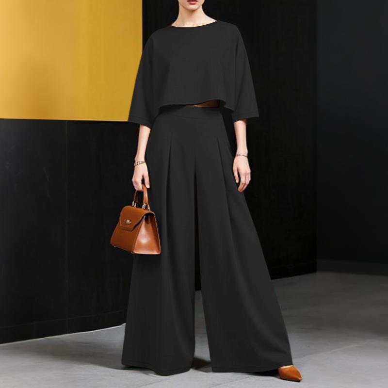 

ZANZEA Жіноча блуза з рукавом 3/4 і широкі брюки повсякденного костюма з двох частин M чорний