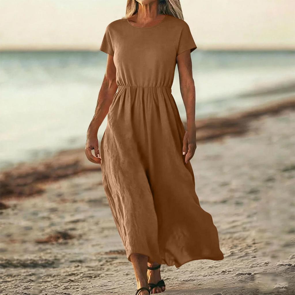 O-Neck Dress For Women Casual Comfy Cotton Linen Short Sleeve Tunic Beach Dresses With Pockets
