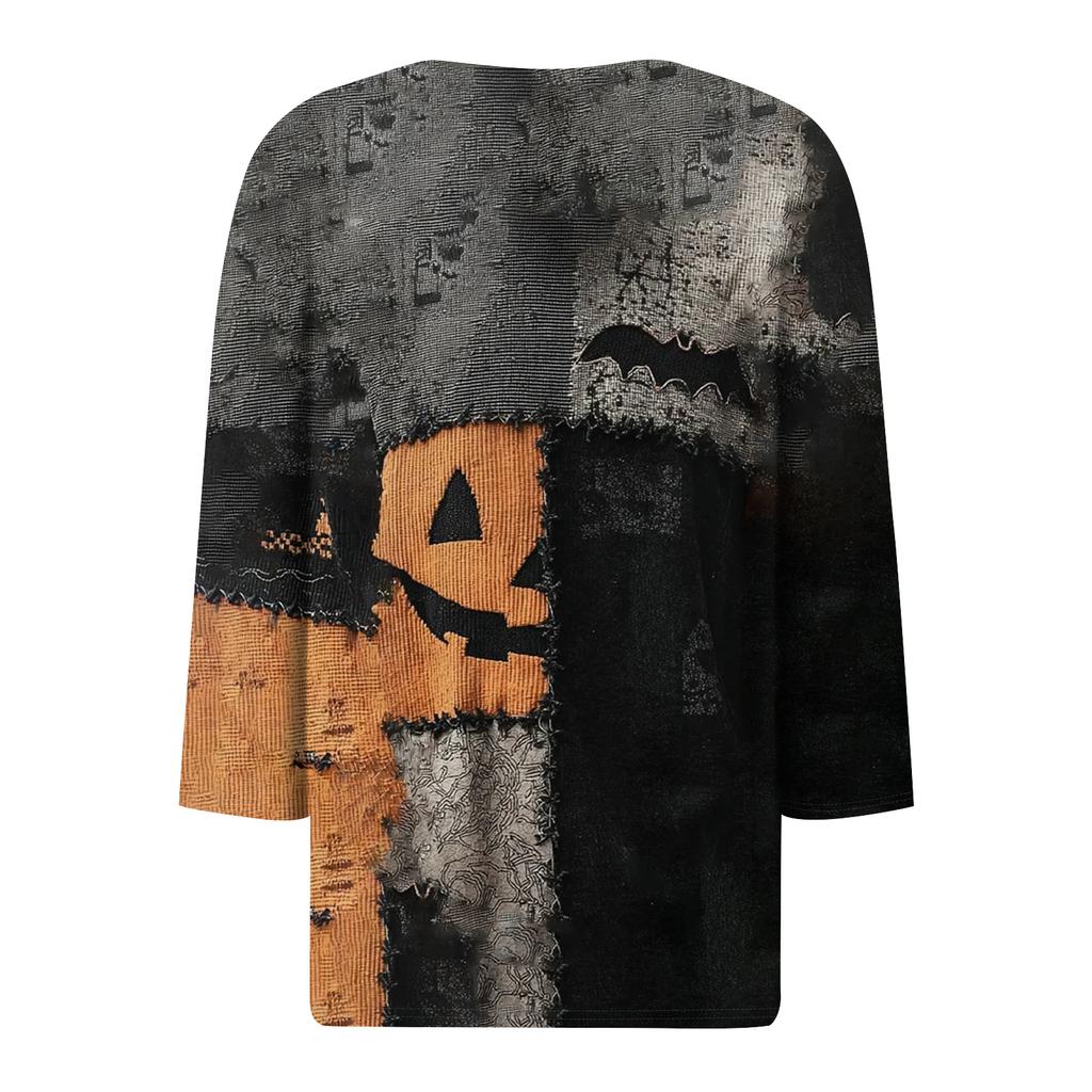 Women's Fashion Button-Up V-Neck Three-Quarter Sleeve Halloween Print Top