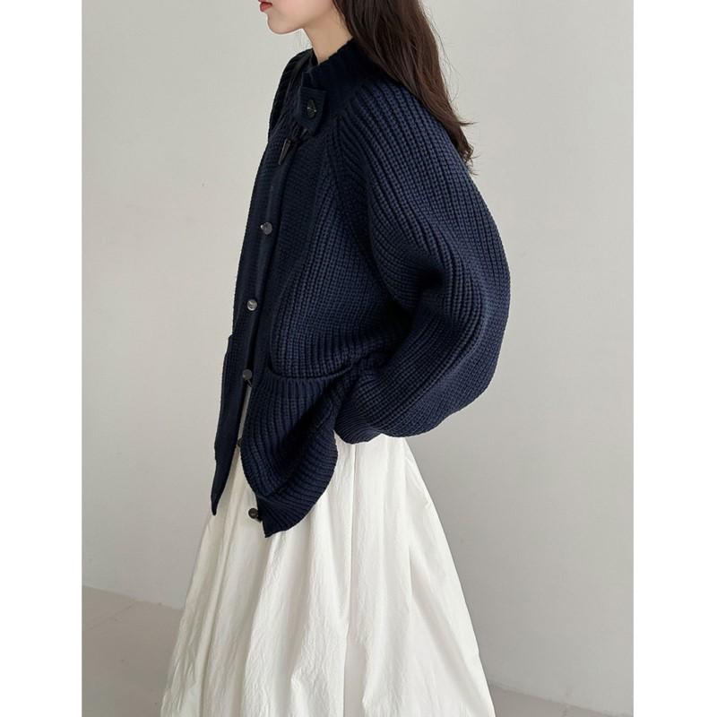 Johnature Cardigan Lento Vintage a Maglia Grossa Stile Francese Maglione Donna Autunno Inverno Bottone a Leva Casual Versatile Giacche