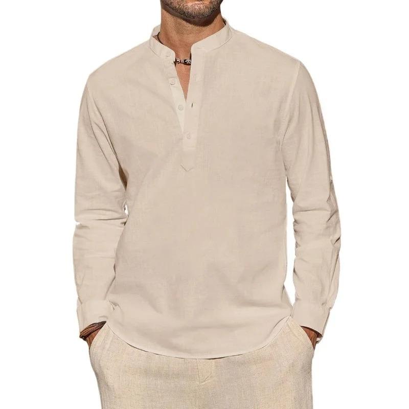 Herr Långärmade T-shirts Casual Lätt Andningsbar Henley-hals Enfärgade Toppar Hawaiiansk Semester Strandstil Knäppning Pikétröja