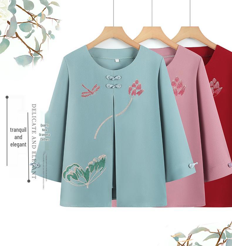 Mom's Stylish Chinese-Style Summer Top: Elegant Fake Two-Piece for Women and Grandmas