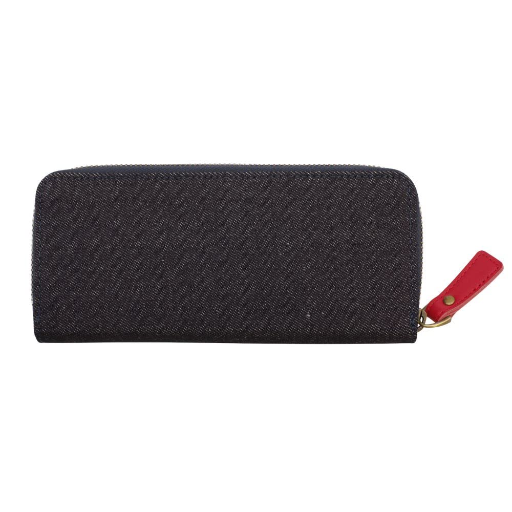 Luddite Leather Combination Round Zip Pen Case Denim and Genuine Leather Pencil Case (2) [Red] LDKC-RZP2-03