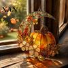 Light Catching Decorative Hanging Pendant Stained Glass Pumpkin Moon Suncatcher, Acrylic Crescent Window Decor with for Fall Parties Flowers