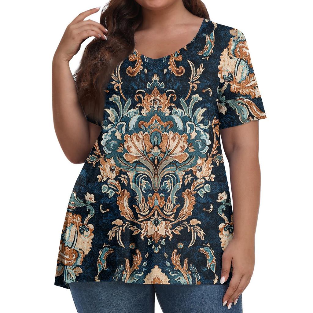 Women's Fashion Casual V-Neck Pullover Short Sleeve Large Size Vintage Printed Top