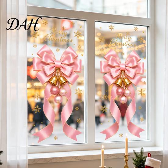 Holiday Window Decorations Static Glass Sticker, Christmas Theme Bow Pattern Print, Removable Door Electrostatic PVC Film for Home And Store