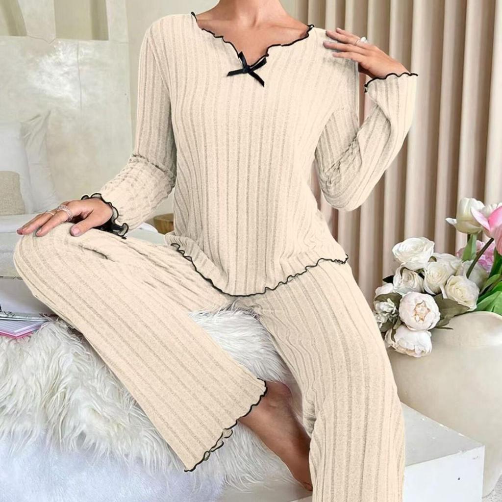 European & American Style Ribbed Black-Edged Bow Casual Home Set