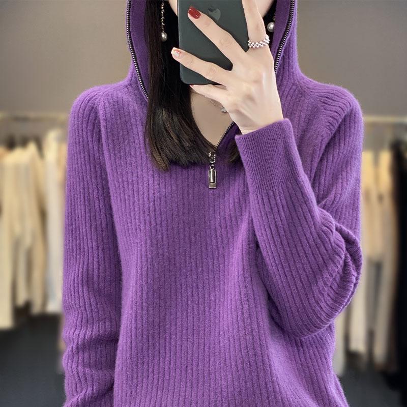 2023 Autumn Winter Women's Loose Wool Knit Hooded Pullover with Raglan Sleeves