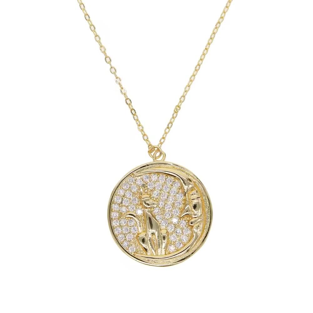 Promotion Bling Gold Plated Engraved Rose Flower Moon Star Round Coin Cz Pendant Necklace Fashion Women Jewelry 45+5cm