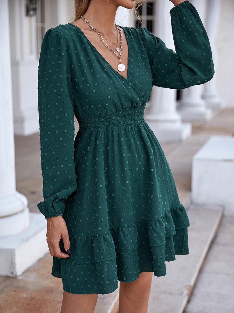 Spring New Arrivals V-Neck Long Sleeve Ruffles A-Line Dress for Women