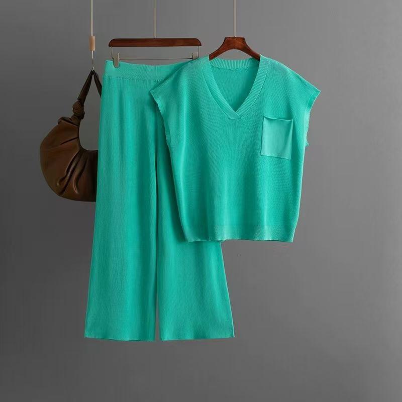 

Western Style New Solid Loose Knit Top Trousers Set Knited Top and Pants Set Lake Blue One size