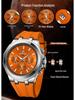 Men's Quartz Watch with Silicone Band, Multifunctional Design, Three Subdials, Six Hands, and Calendar.