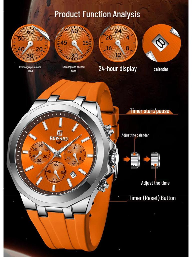Men's Quartz Watch with Silicone Band, Multifunctional Design, Three Subdials, Six Hands, and Calendar.