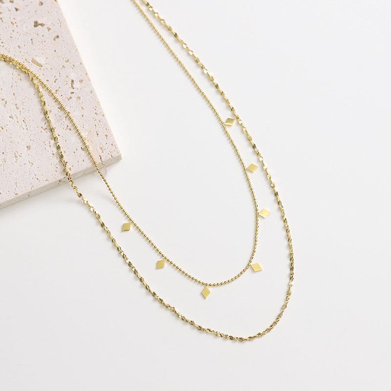 18k Gold Double-Layered Rhombus Sequin Choker Necklace - Women's Non-Fading European & American Summer Fashion Jewelry