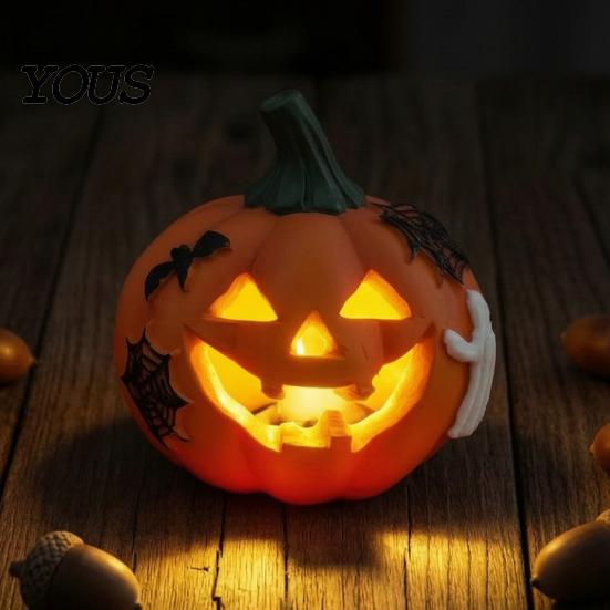 Festive Holiday Home Ornaments Spooky Lighted Pumpkin Figurine, Halloween Engraved Light-Up Resin Decorations Statue for Tabletop Indoor Outdoor