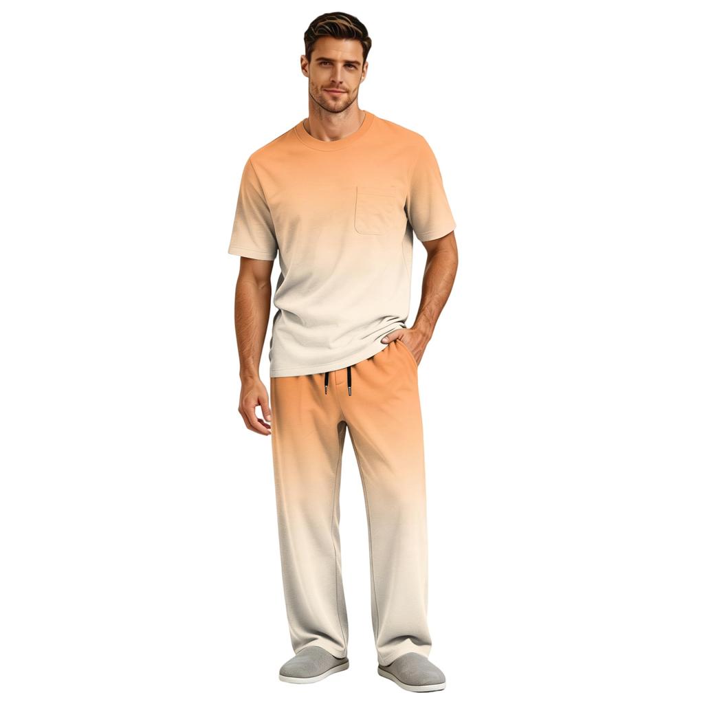 Men's Short Sleeve Pajama Set with Button Fly and Elastic Drawstring Waist