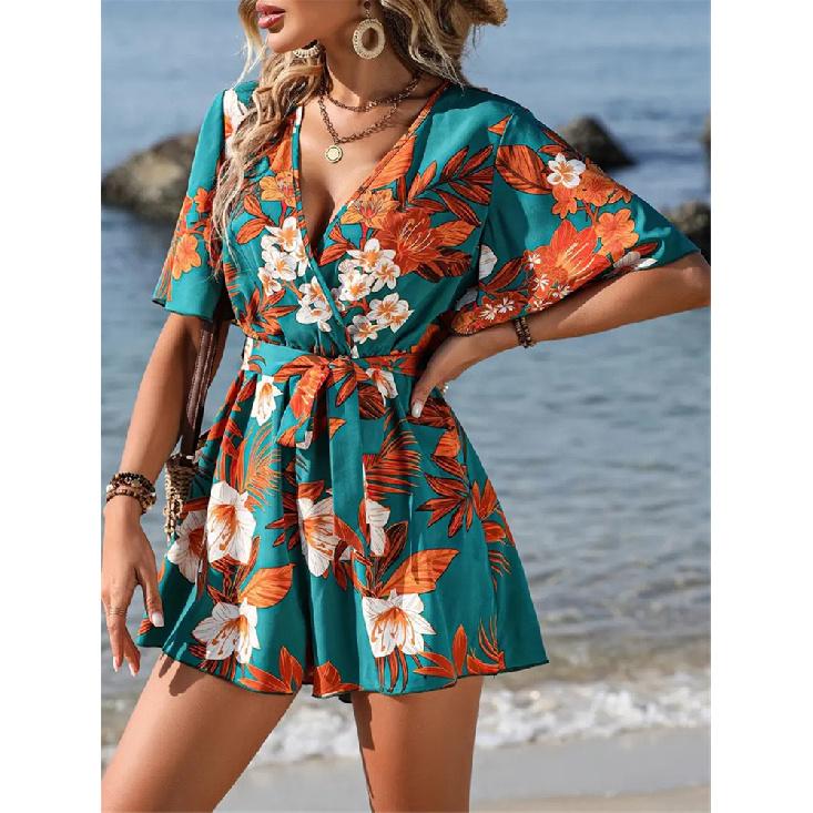 Floral Printed Summer Jumpsuit for Women Leaf Shaped Sleeves Cross Over Neck Tie Waist Short Length Loose Fit Romper Perfect for Beach Resort Travel