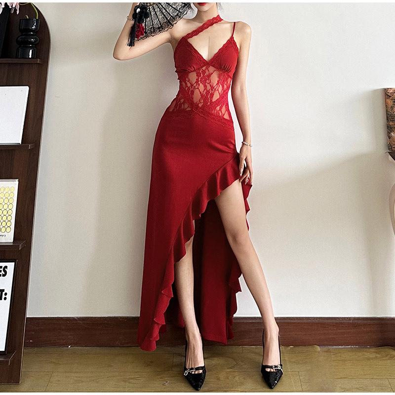 

Сексуальное платье-слинг с косым воротником, женское кружевное лоскутное платье с открытой спиной и рукавами, облегающее длинное платье 2025 года, новое женское вечернее платье с оборками и разрезом L бордовый