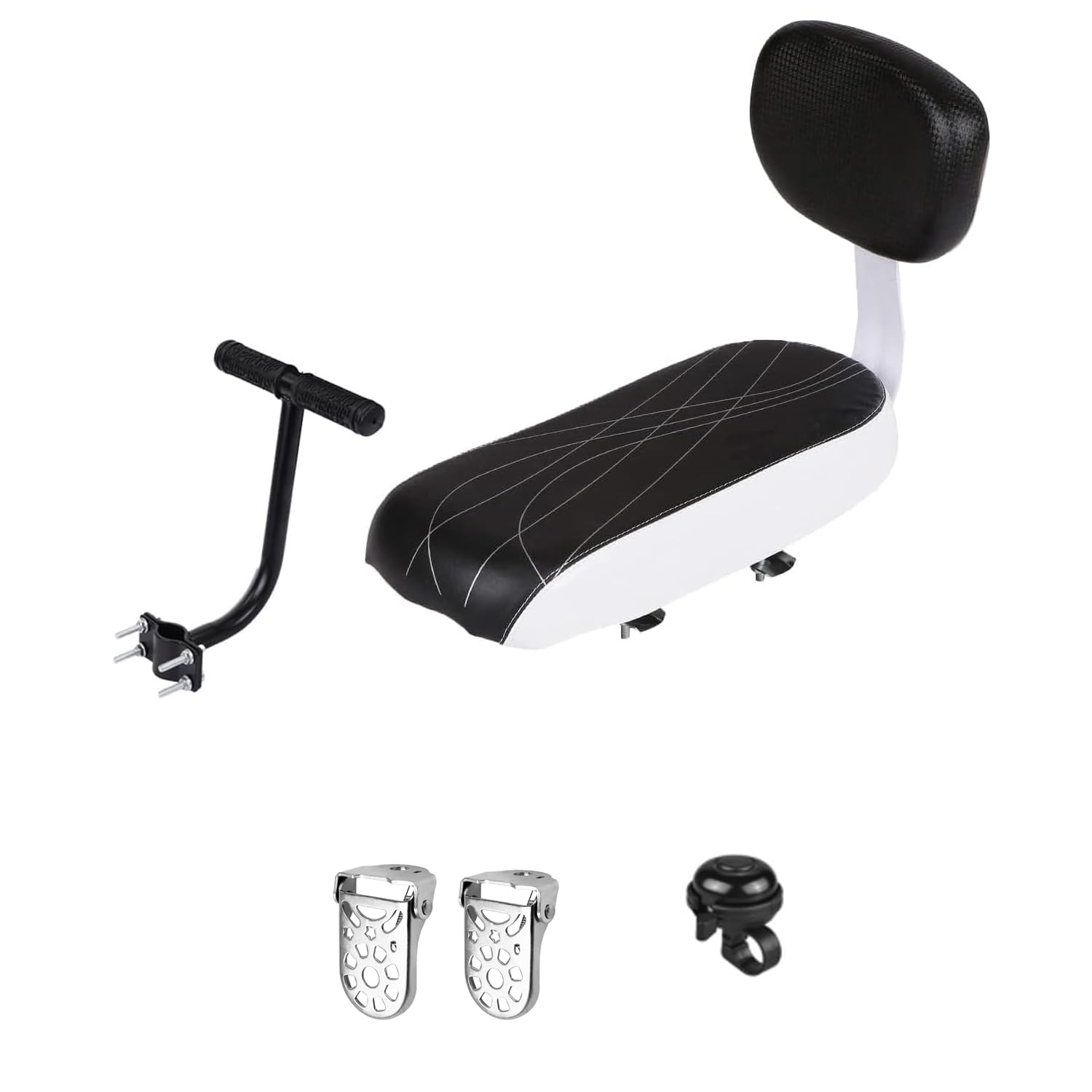 

Wallfire Детское велосипедное заднее сиденье с мягкой подушкой из ПУ кожи и 2 педалями для ног, подходит для семейных электрических горных и складных велосипедов белый