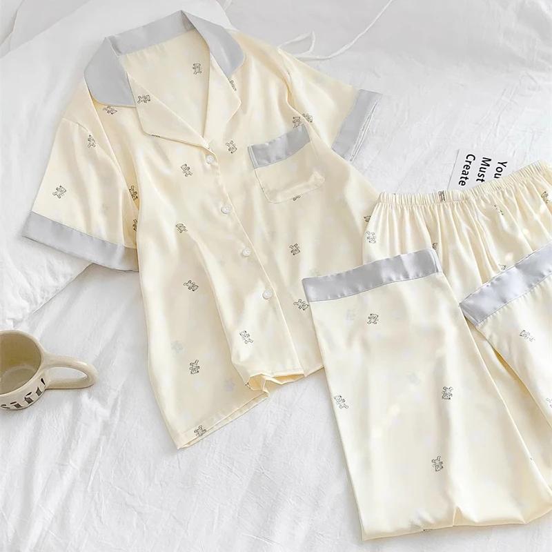 Cute Little Bear Women's Pajamas French Elegant Harajuku Lazy Casual Nightgown Summer Short Sleeve+pant Set