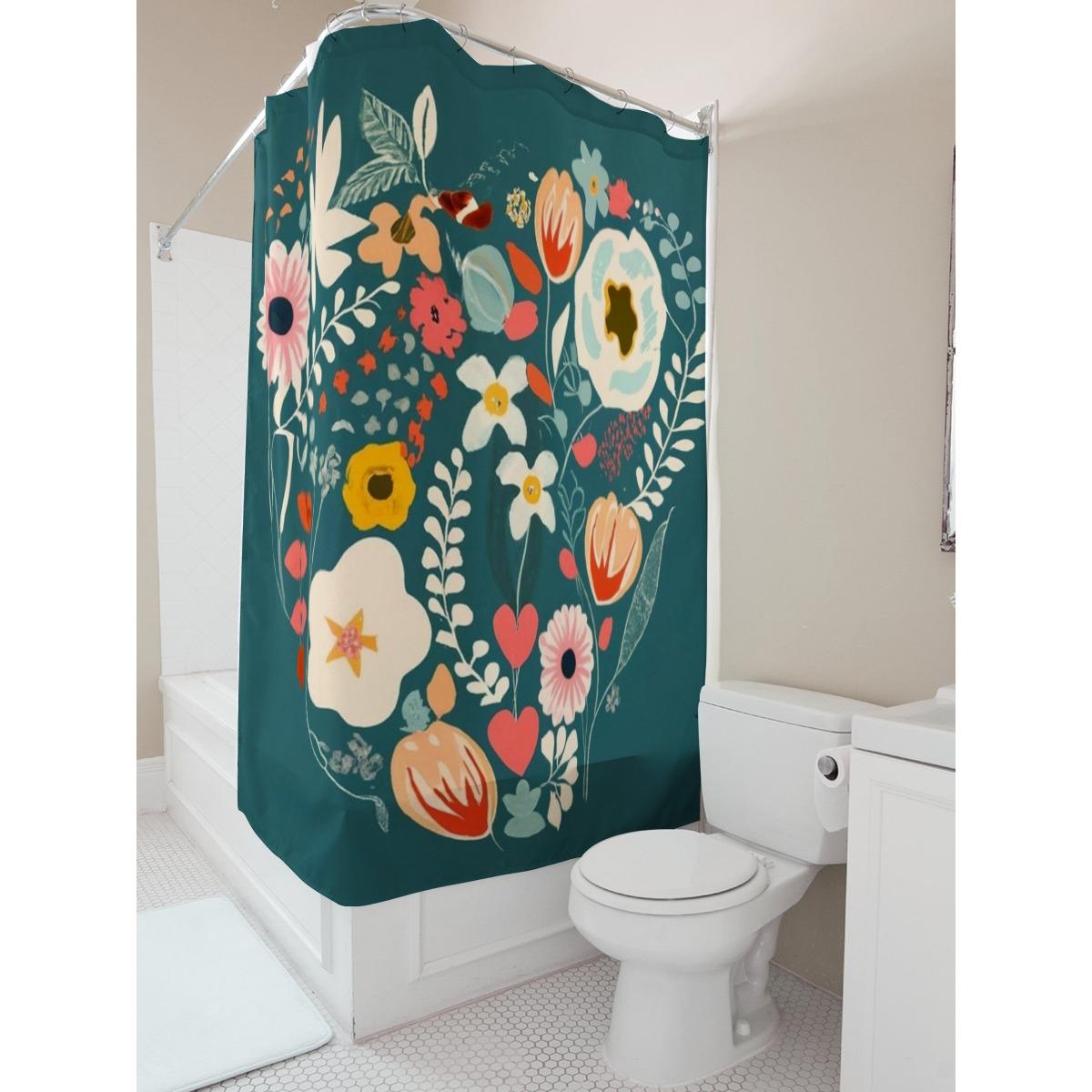 

Teal Floral Waterproof Shower Curtain W60H190(CM)-1 Pcs