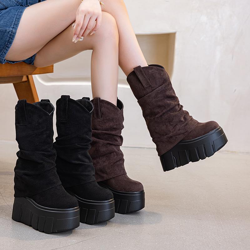 2025 New Women's 14cm High Ankle Boots – Thick-Soled, Irregular Ruched Slouch Design for Autumn/Winter