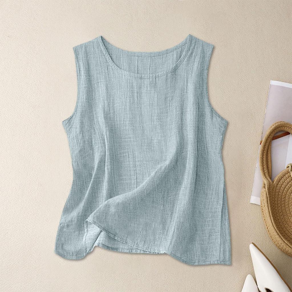 Damen ärmelloses Tanktop atmungsaktive Leinenmischung lockere Passform Basic Rundhalsausschnitt leichtes Freizeitshirt für Frühling Sommer