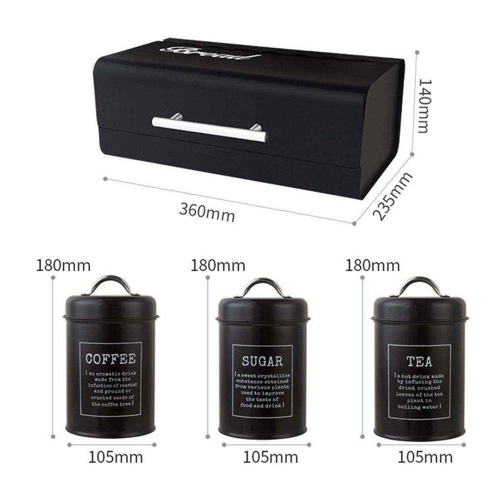 4x Large-Capacity Bread Box Set Storage Kitchen Countertop for Food coffee and sugar - Black
