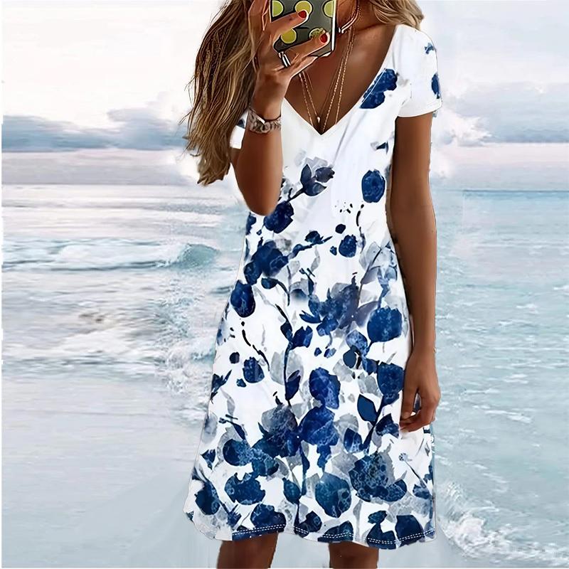 

Летняя мода женские V-образный вырез короткий рукав лист принтованное платье сексуальные короткие юбки платья 5XL синий