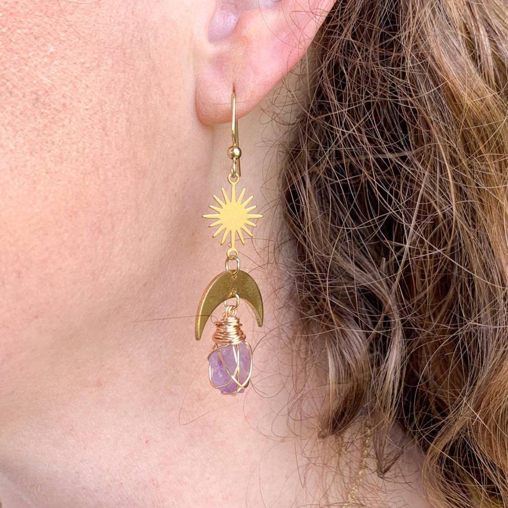 Bohemia Gold Color Sun Crescent Moon Irregular Purple Crystal Dangle Earrings Necklace for Women Charm Jewelry Accessory Gifts
