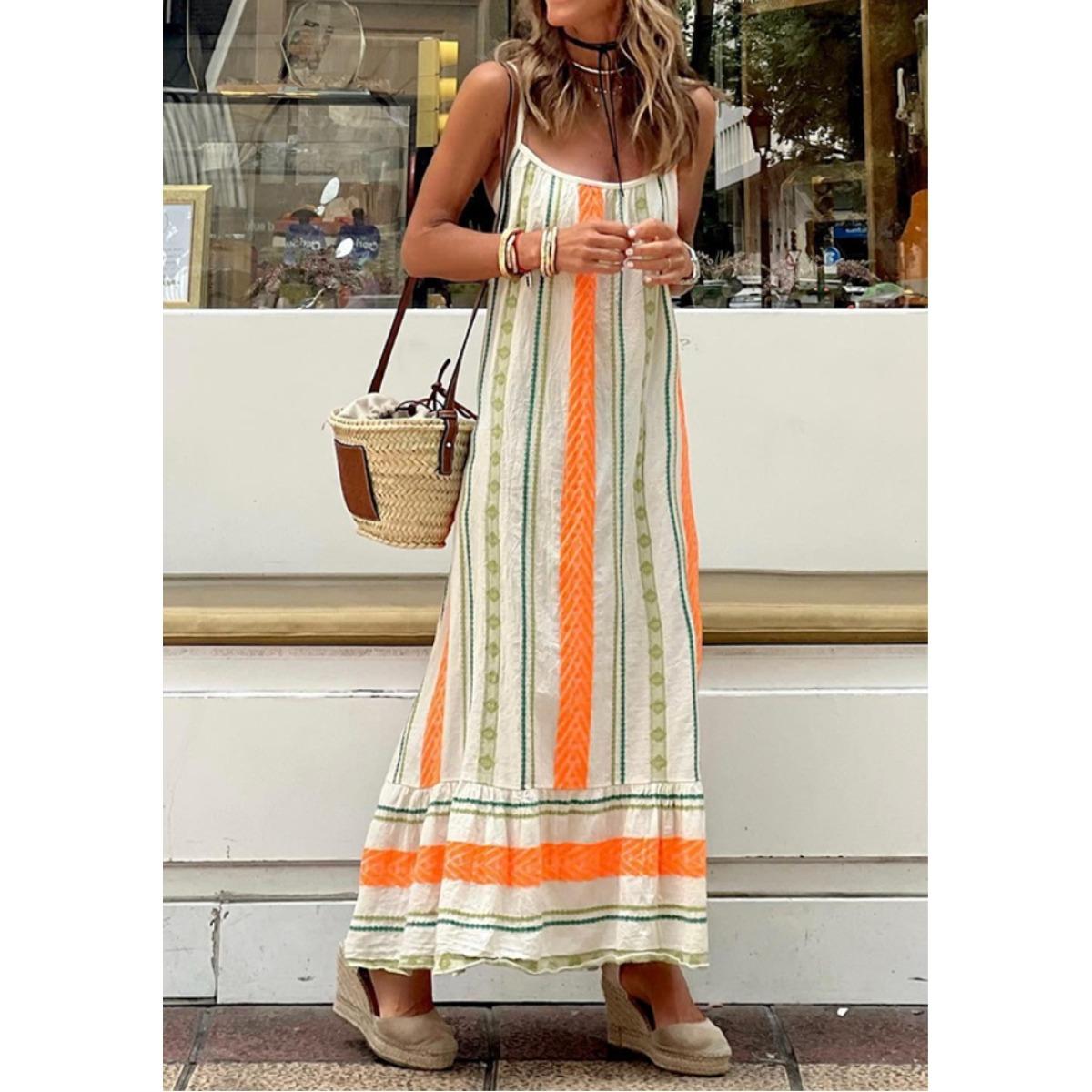 Women s U Neck Sleeveless Maxi Dress Loose Mid Waist Stripe Boho Printed Sundress S оранжевый