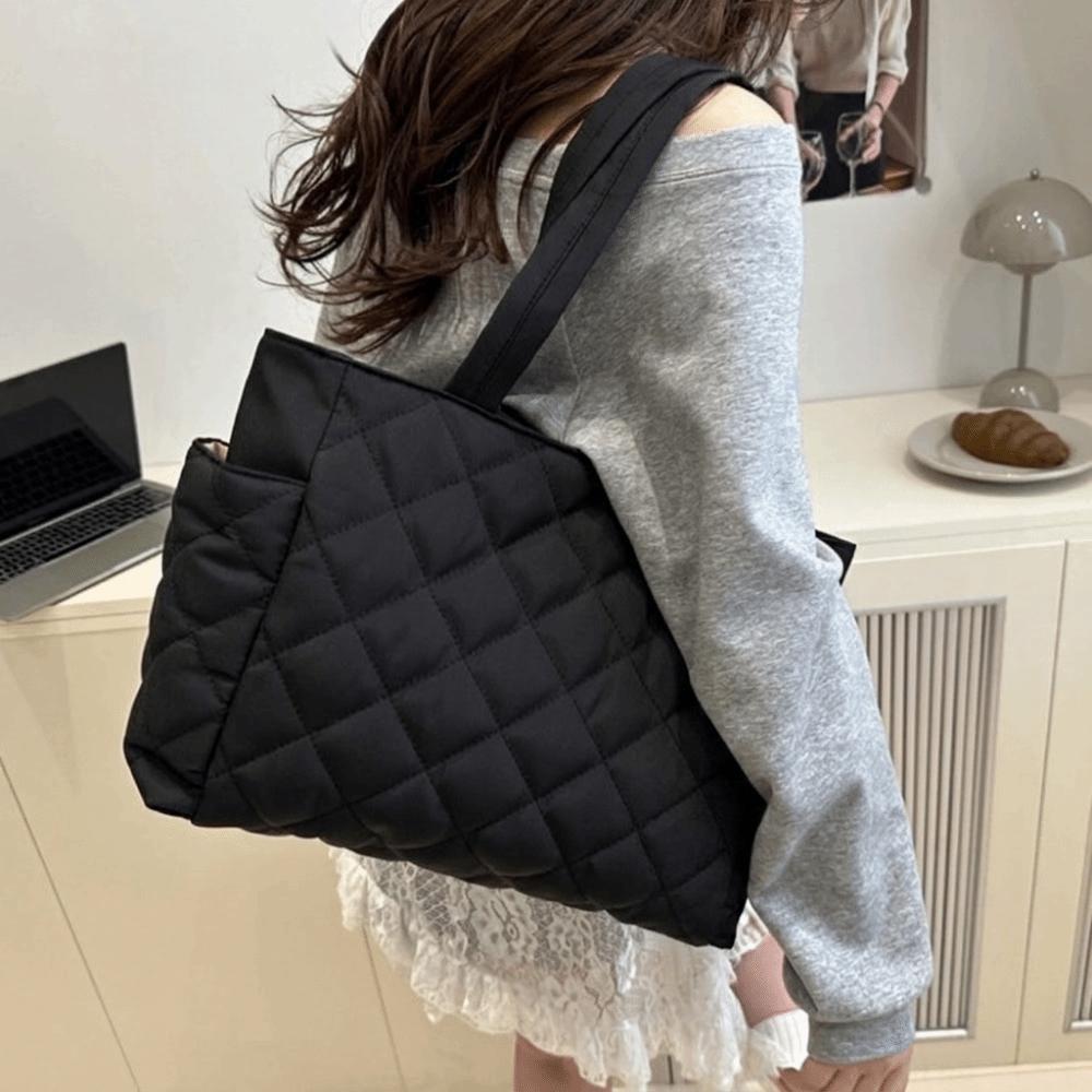 Large Capacity Rhombus Quilted Shoulder Bag Lightweight Tote Bag Minimalist Handbag Casual Wear