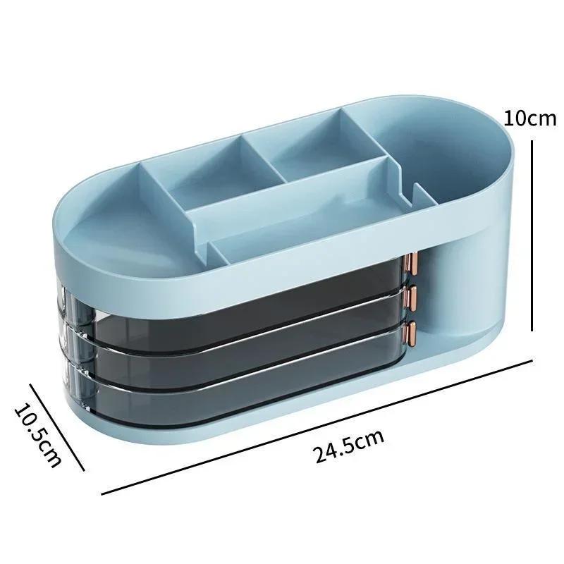 

Настольный вращающийся выдвижной ящик для хранения, подставка для ручек, коробка для хранения помады, подставка для косметических кистей, подставка для макияжа, держатель для мобильного телефона синий