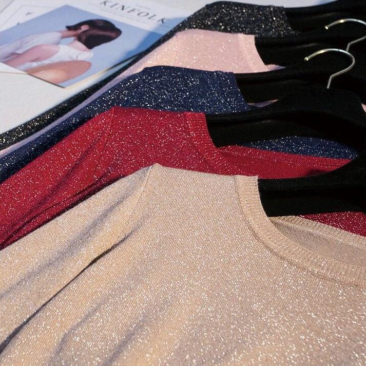 Shiny and Glittering Thin Sweater for Women Loose Knitted Sweater for Autumn Round-neck Pullover Long-sleeved Top
