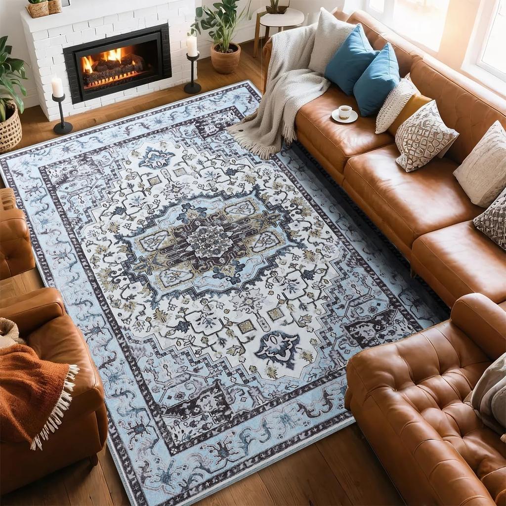 Washable Vintage Area Rugs  Low Pile Carpet, Non-Slip Distressed Rug for Bedroomn Living Room, Dining Room, Non-Slip, Low Pi