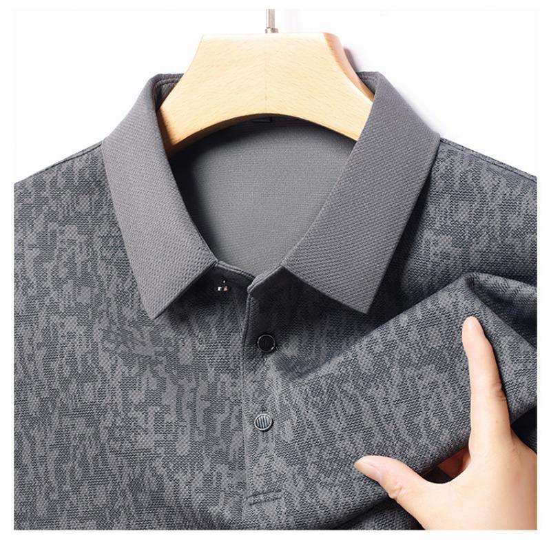 Mens Long Sleeve Jacquard Polo Shirt Business Casual Spring Autumn Top