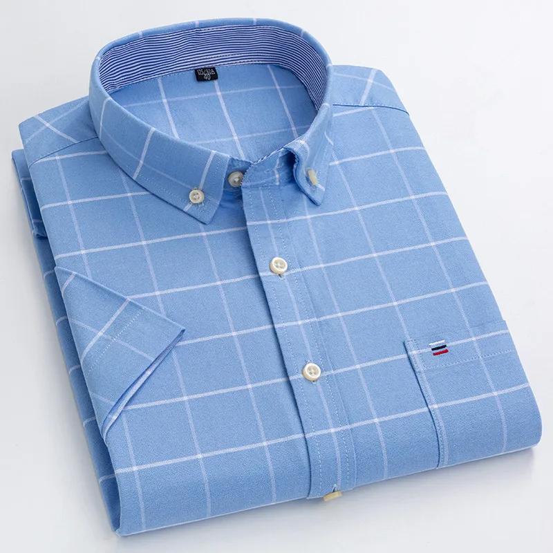 Cămașă bărbătească Oxford din bumbac de înaltă calitate, cu mânecă scurtă, pentru confort de vară, respirabilă, clasică, culoare uni, carouri, business, casual