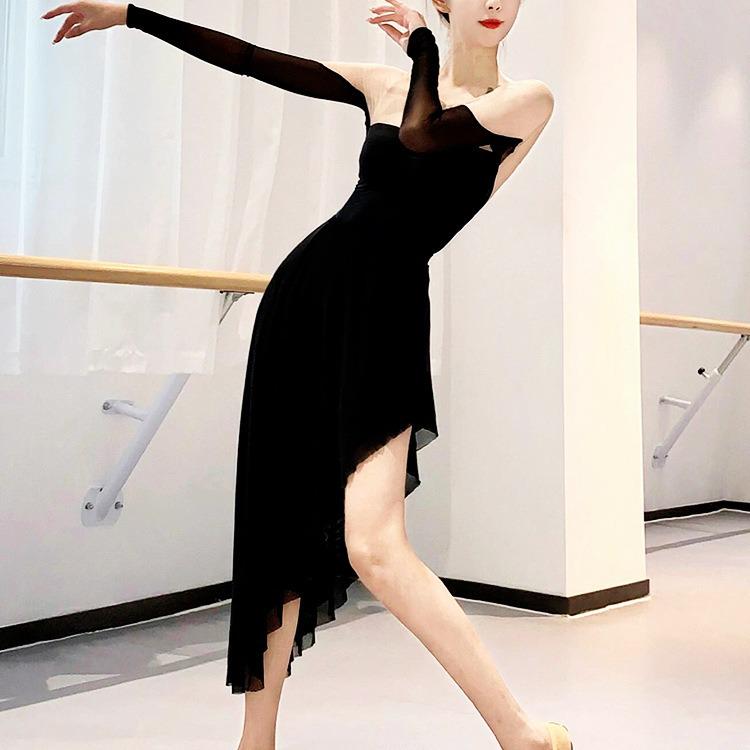 Falling Leaves Light Dance Mesh Splice Costume: Classical Black Camellia Body Shaping Suit